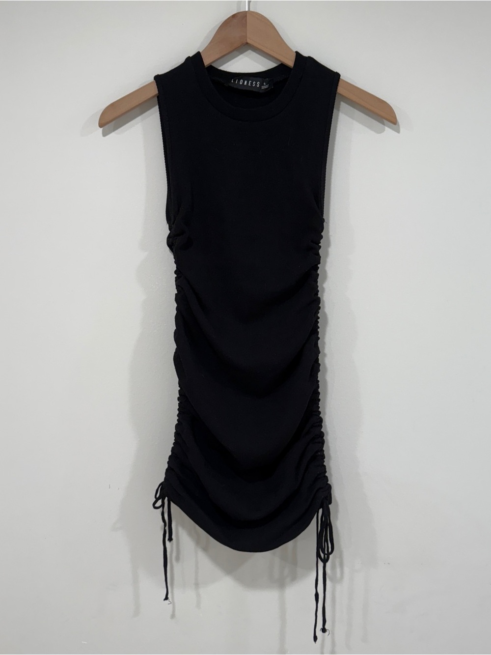 Black Sleeveless Ruched Drawstring Tank Dress by Lioness